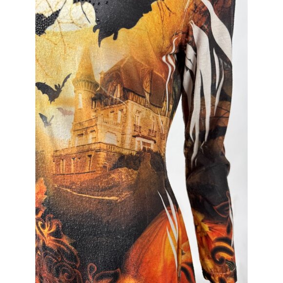 Halloween Castle & Cat Print Long Sleeve Tunic Top - Picture 3 of 16